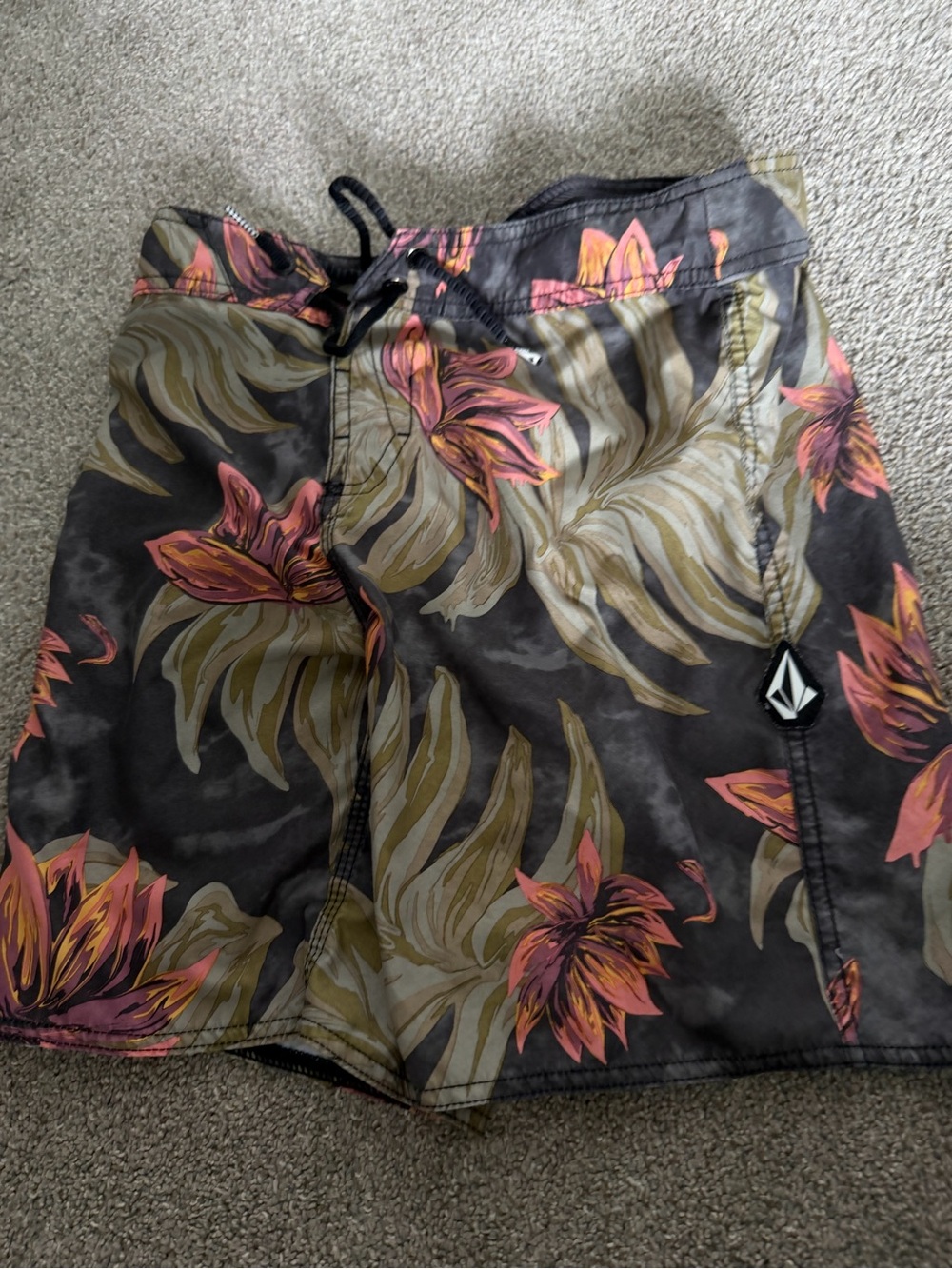 Volcom Men's Black Floral Hybrid Shorts with Pink and Tan Blossoms